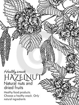 Vector frame hazelnut garden in engraving style
